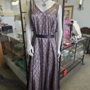 Adrianna Papell Dress with Black Diamond Glitter Overlay and Nude Lining